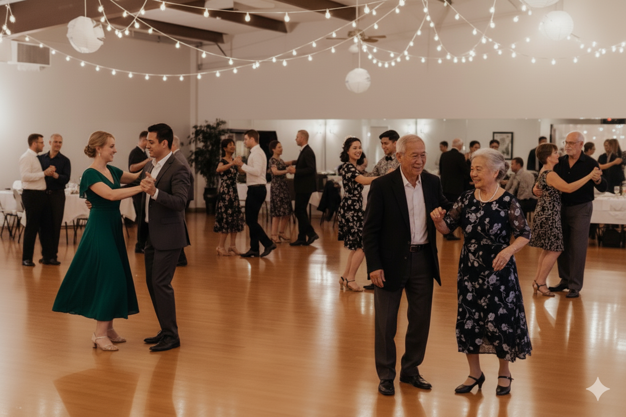 Ballroom students smiling during a social dance party